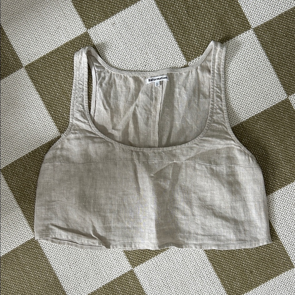 Reformation Beige Linen Crop Tank